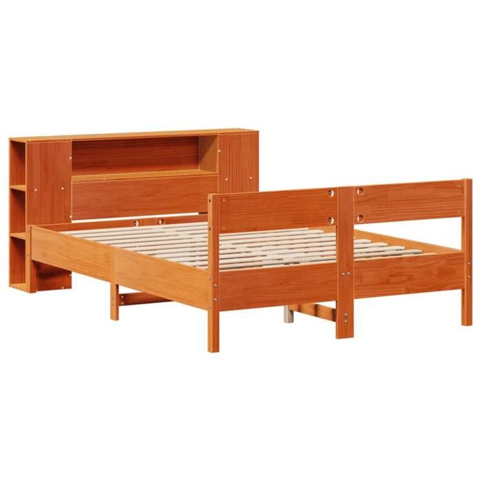 2 Places - Lit bibliothèque double - VIDAXL - Tête de lit rangement - cire marron - 140x190 cm - pin massif FR_002589520