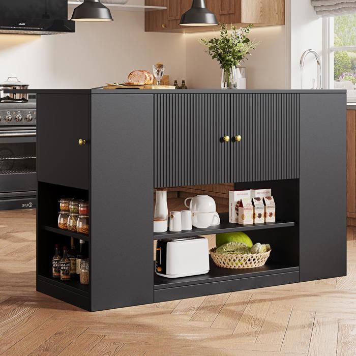 HOMVRA Buffet de Cuisine 140x40-70x90 cm - Plateau Pliant - 2 Tiroirs - Étagères - Noir (Sans Roulettes)