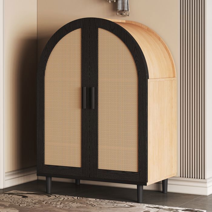 Meuble à Chaussures - Noir et Bois - avec Portes en Rotin et Trois Étagères – Armoire de Rangement Moderne pour Salon et Entrée
