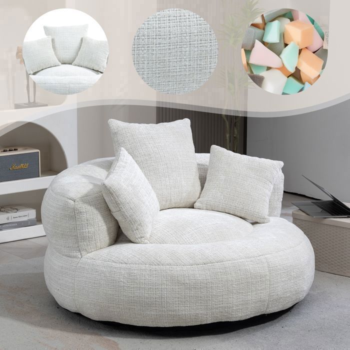 Fauteuil Lounge 108x108x52 cm Canapé de Sol avec Dossier Haut Accoudoirs et Mousse Haute Résilience - Chenille Beige Sans Montage