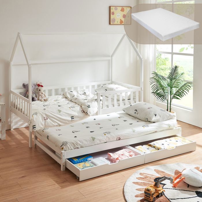 Lit cabane double Aarghonmaa avec 1 matelas 90 x 200 cm blanc Lit cabane double Aarghonmaa avec 1 matelas 90 x 200 cm blanc