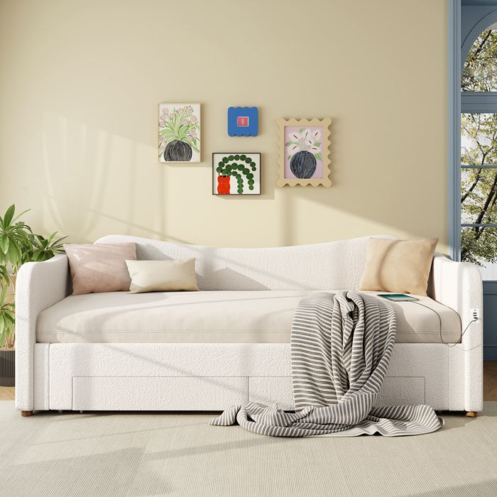 Luscriate - Lit capitonné 90x200 cm Canapé-lit extensible 180 cm 2 tiroirs USB tissu bouclé Design moderne - Beige