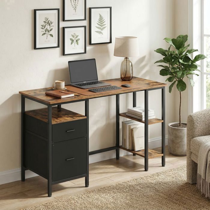 Bureau 3 Étagères 2 Tiroirs 127 x 50 x 76 cm Marron et Noir