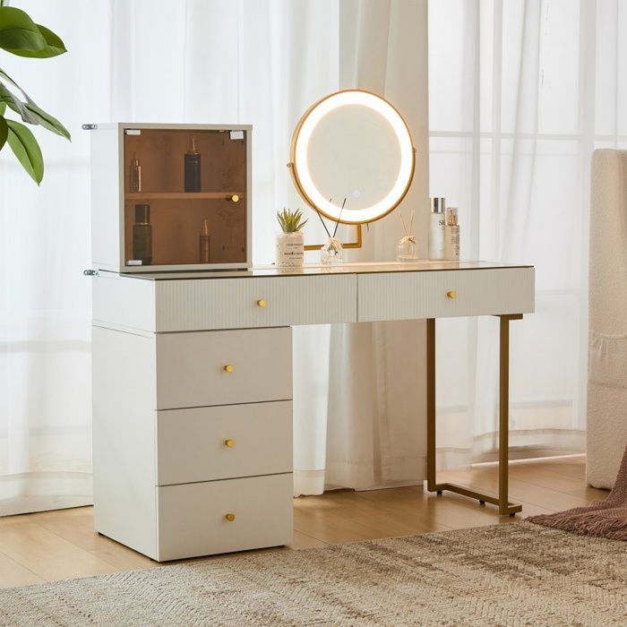 Coiffeuse avec miroir LED tactile et plateau en verre - 120x45x115 cm - Table de maquillage modulable avec rangement - Blanc/Or