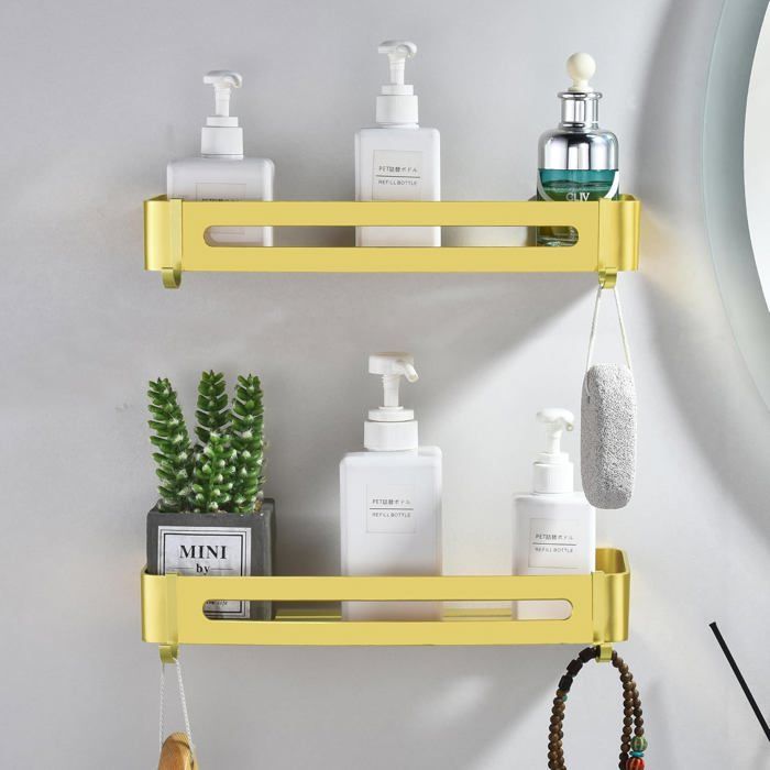 2 étagères dorées brossées sans perçage pour rangement de douche métal panier pour shampoing/gel douche .