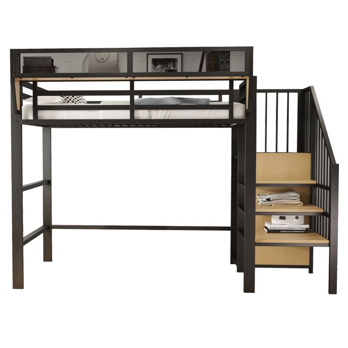 Hochbett 90x200 avec échelle de sécurité et rangement flexible lit métallique noir pour adultes et enfants
