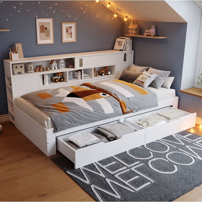 Lit combiné enfant 90 x 190 cm - lit simple avec 2 tiroirs étagères et armoire - sommier inclus - blanc