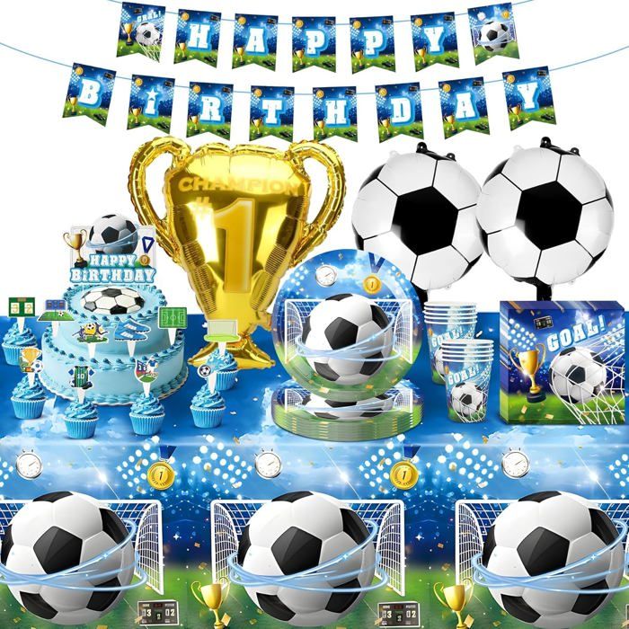 Kit Décoration Anniversaire Football 90 Pièces Accessoires Fête Football Avec Nappe Ballons Gobelets Serviettes Banderole Cake To