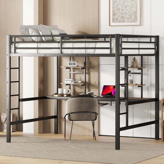 Lit superposé - Zephmum - 140x200 métal bureau 2 bibliothèques noir
