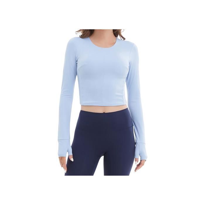 T-shirt de sport femme manches longues Slim Fit bleu XL respirant avec coussinets amovibles trous pour pouces yoga fitness