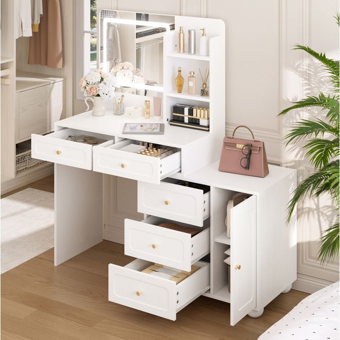 Coiffeuse blanche avec miroir LED réglable 5 tiroirs 1 porte 3 étagères 80 x 398 x 127 cm