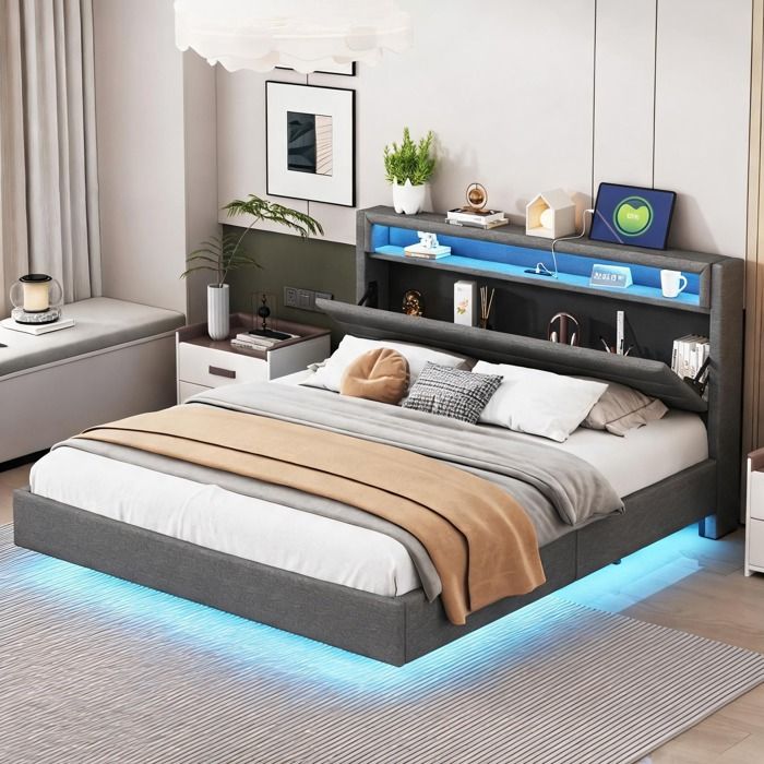 Lit plateforme double 160x200 cm tissu lin gris neutre tête LED USB et rangement