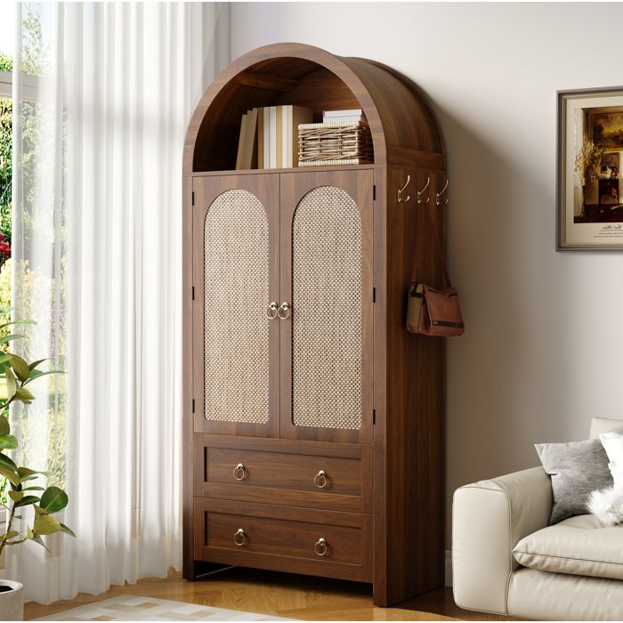 Modenuit Buffet haut 80x40x180 cm en MDF décor noyer 2 portes cannage 2 tiroirs style vintage