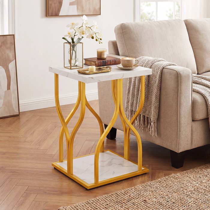 Table dAppoint-COSTWAY-à 2 Niveaux Étagère de Rangement Table Basse Salon Métal Doré Patins Ajustables Design Pétales Ø39.5x59.5CM