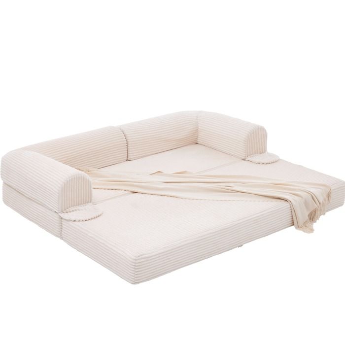 ELVORIN canapé convertible 2 places 190 x 78 x 65 cm tissu côtelé beige accoudoirs lit d appoint 190 x 156 x 45 cm