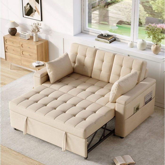 Canapé convertible 2 places AESVAR avec dossier réglable et rangements tissu coton lin beige