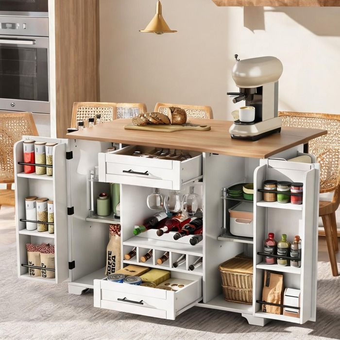 Îlot central mobile en MDF blanc et bois naturel avec plan rabattable 2 portes et 2 tiroirs finition mélaminée style vintage