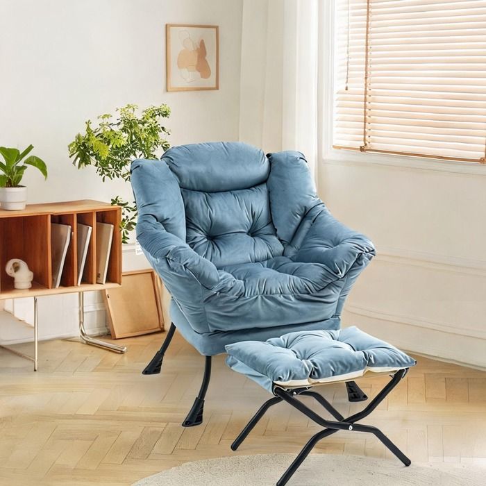 Fauteuil de relaxation 1 place en tissu bleu classique avec repose-pieds pliant et pochette structure métal style simple