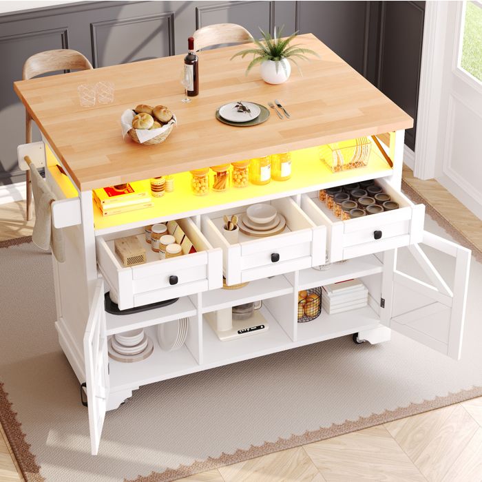 ROVRYN ilot central mobile 120 x 71 x 98 cm avec LED controlee par application plateau rabattable MDF blanc
