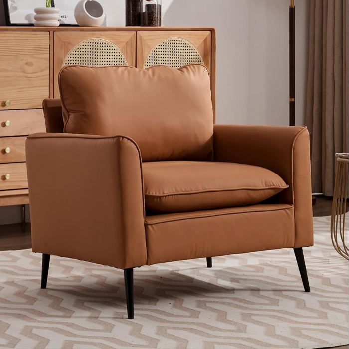 Fauteuil 1 place avec accoudoirs et coussins rembourres - YEAVIO - style scandinave vintage simili cuir marron