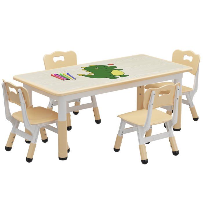 Ensemble table enfants 5 pièces 4 chaises hauteur réglable bureau graffiti marqueur 12 couleurs à base d’eau couleur bois