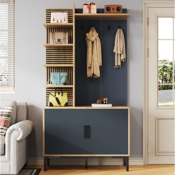 VUENOR Meuble d’entrée vestiaire bois et noir 100 x 40 x 1905 cm avec rangement