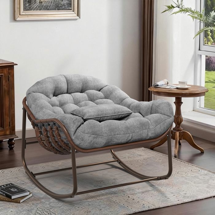 Fauteuil œuf Papasan XXL – Rotin tressé assise large avec coussin – Structure métal stable – Parfait pour jardin salon balcon