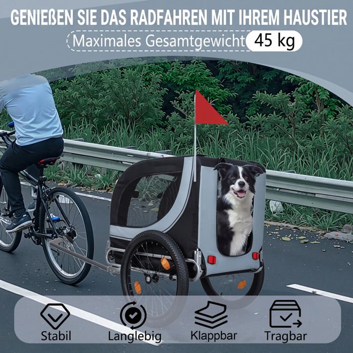 Remorque vélo pour chien en acier gris noir pliable filet respirant housse de pluie attelage de sécurité jusqu’à 40 kg