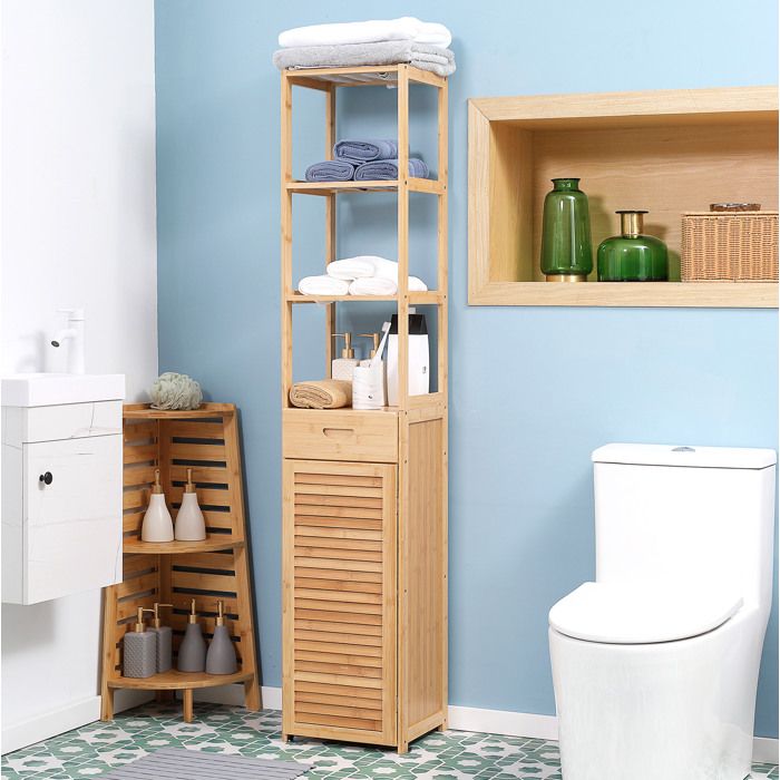 Colonne de salle de bain en bambou - 3 étagères ouvertes 1 tiroir porte à lamelles - 32 x 30 x 163 cm