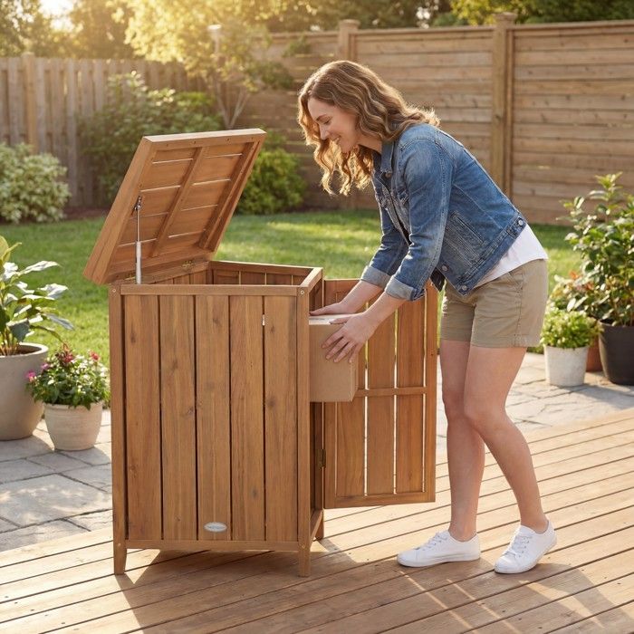 Coffre de Rangement GIANTEX Remise de Rardin en Bois d’Acacia Protection Contre lhumidité Couvercle Ouvrable 46 x 57 x 86 cm