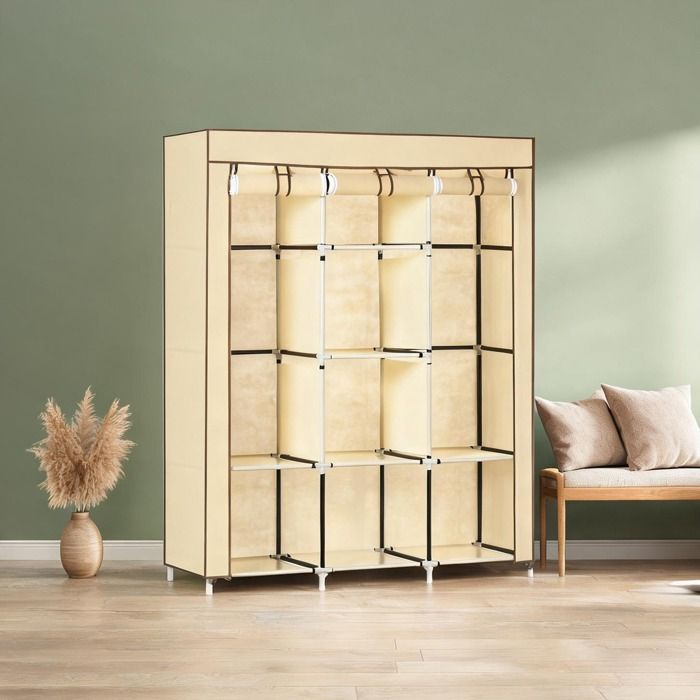 Rangement penderie pliable acier et tissu beige lin 125x43x162 5 cm – 2 penderies 8 étagères