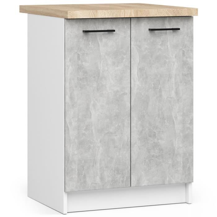 Meuble de cuisine bas AKORD S60 OLIWIA modulable Blanc 60 cm 2 portes façade Béton 2 étagères 60x46x85 cm