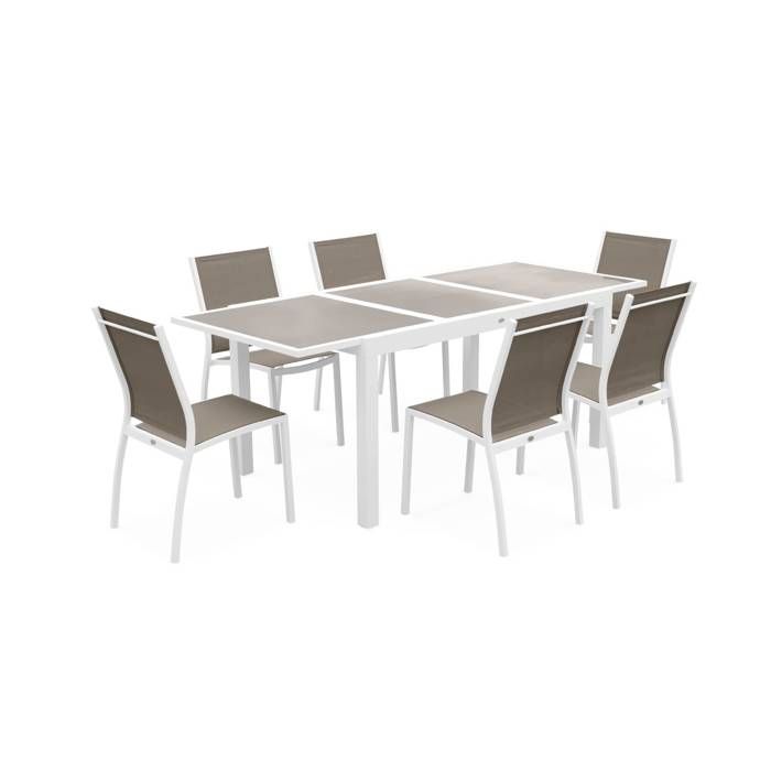 Salon de jardin table extensible - Orlando Taupe - Table en aluminium 150/210cm, plateau de verre, rallonge et 6 chaises en