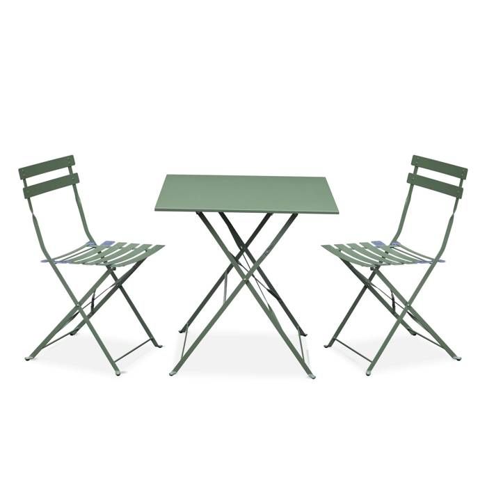 Salon de jardin bistrot pliable - Emilia carré vert de gris - Table 70x70cm avec deux chaises pliantes. acier thermolaqué