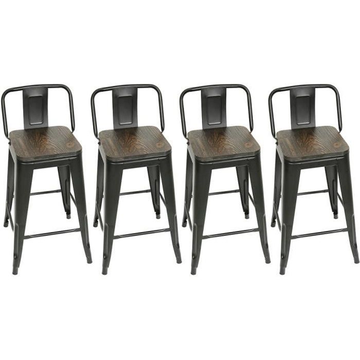 Lot de 4 Chaises de Bar Industriel - Tabourets Hauts - Cuisine Salle à Manger - Assise Bois - Pieds en Métal