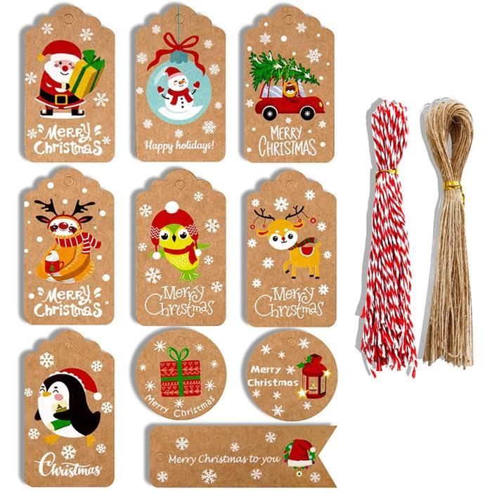 Étiquettes Cadeau Noël en Papier Kraft avec Ficelle Jute Kraft
