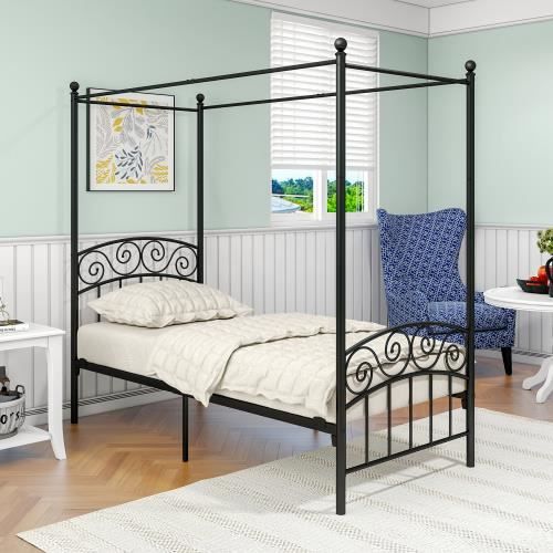 lit à baldaquin en métal lit à baldaquin lit en fer avec sky lit en métal cadre de chambre classique sans matelas, noir,  90x200cm