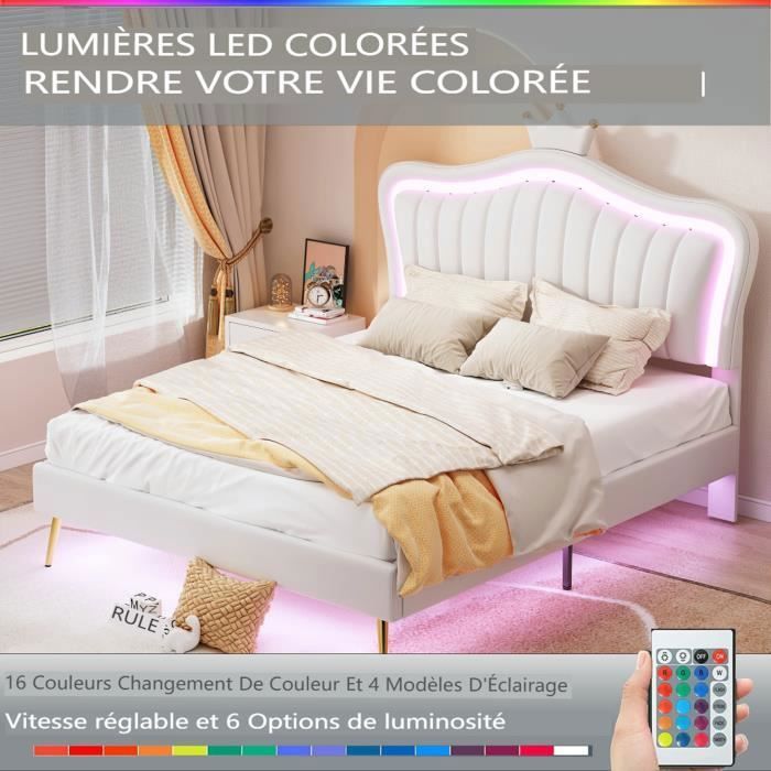Lit enfant capitonné - VVBV - 140 x 200 cm - LED intégrée - Sommier à lattes