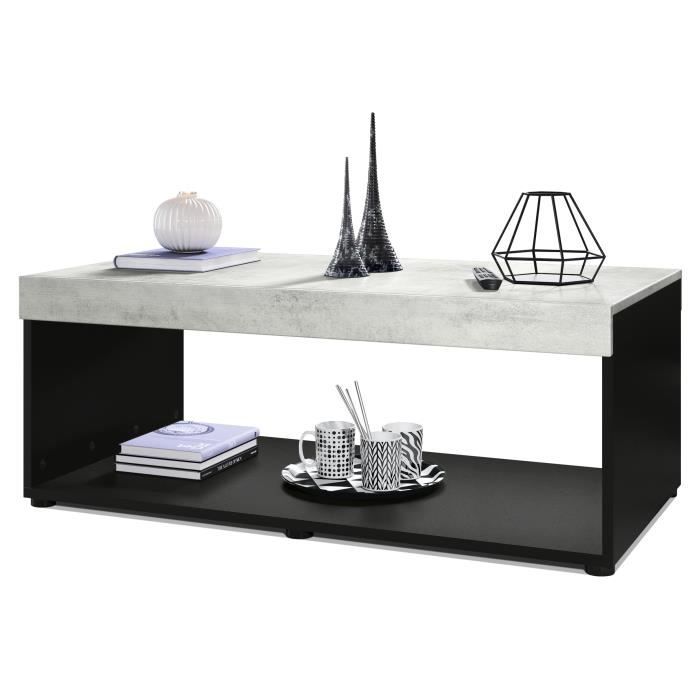 vladon table basse de salon pure avec deux grandes étagères, corps en noir mat - plateau et bordures en aspect béton oxyde