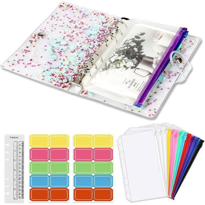 Couverture Classeur A5/A6 PVC Transparent Pailleté - Classeur à Anneaux 6 Trous Rechargeable