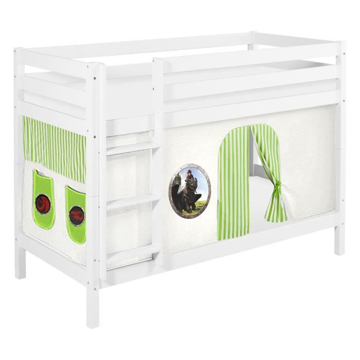 lit superposés - disney - jelle - bois massif - blanc - avec rideaux et deux sommiers à lattes