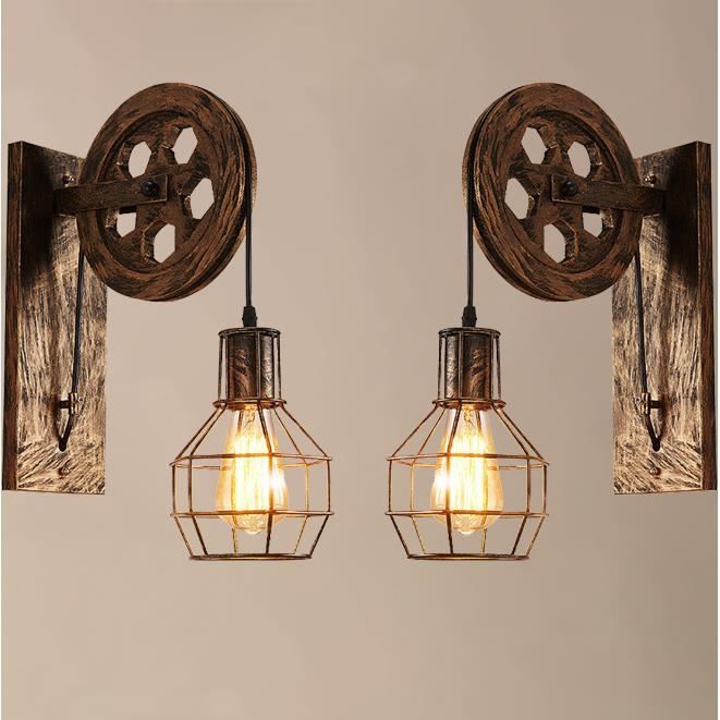 Fusion 2Pcs Applique Murale en Fer Bronze style Vintage éclairage de Mur Poulie Industriel Lampe Intérieur E27 pour Café Bureau