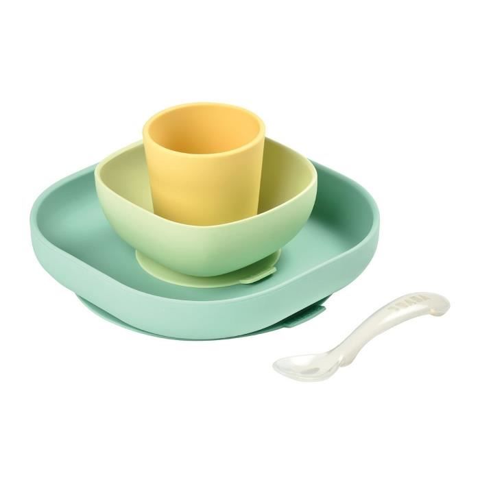 BEABA Set vaisselle silicone repas bébé 4 pièces avec ventouse anti dérapant jaune