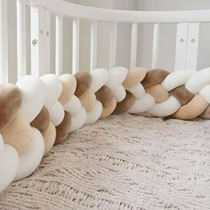 2M Tour de Lit Coussin Serpent Coussin Tressé Pare-chocs Velours Protection Bébé Blanc+Blanc+Kaki+Marron