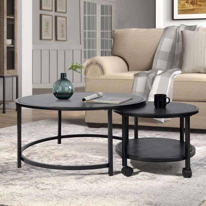 Tables Basses Scandinaves Tables Gigognes Bout De Canape Lot De 2 Avec Bois Massif Surface Et Metal Noir Pieds Avec 4 Roulettes Rond Achat Vente Table Basse Tables Basses Scandinaves T