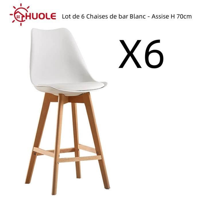 chaises de bar en bois hêtre massif - coussin pu - scandinave blanc - assise h 70cm - lot de 6 - huole