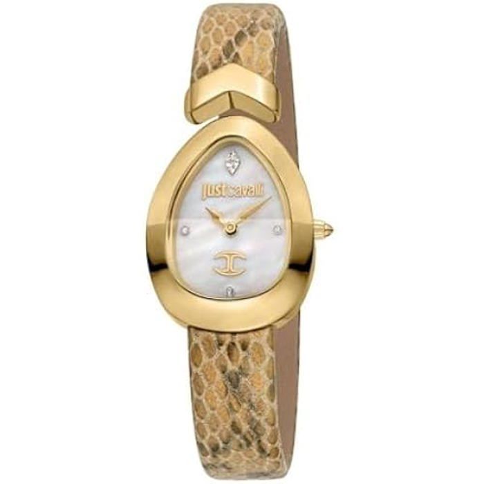 Montre - JUST CAVALLI - JC1L321L0025 - Cuir Blanc Crème - Quartz Analogique - Boîtier Ovale Doré