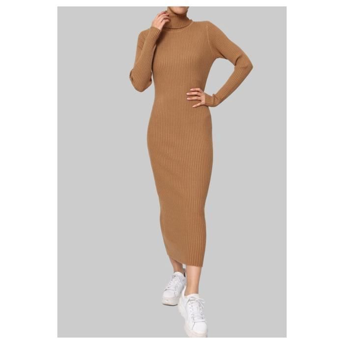Robe Pull Femme Marron Col Roulé Manches Longues Coupe