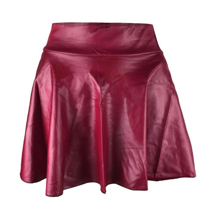 jupe en cuir de mode pour dames jupe plissée taille haute base décontractée solide rouge92