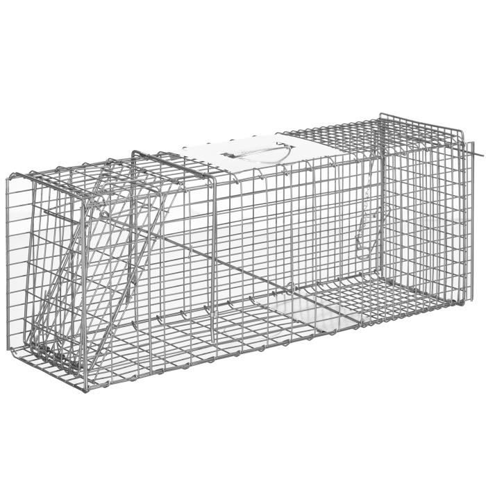 Piège de capture pliable pour petits animaux type lapin rat - 2 portes, poignée - dim. 81L x 26l x 34H cm - acier 81x26x34cm Gris